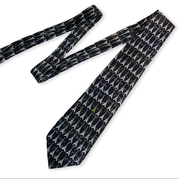 Robin Ruth Black Silky Paris Eiffel Tower Theme Men's Tie One Size Silver Gold - Picture 1 of 4